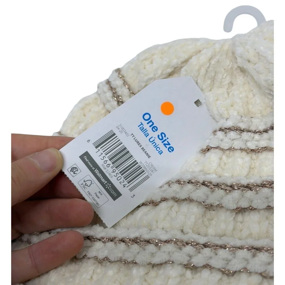 NWT Time and Tru Cream Beanie Hat One Size Metallic Stripe Knit Cozy Winter Cap‎